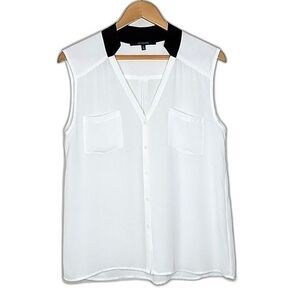 19 COOPER Black White Sleeveless Button Up Semi Sheer Blouse size M Pockets